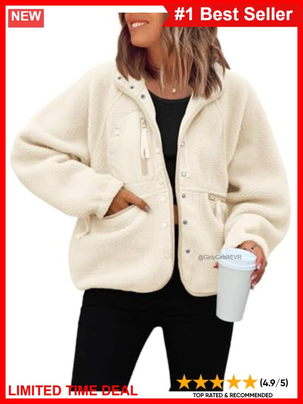 Fuzzy Fleece Cropped Button Down Jacket Oversized Zip Pockets Casual Winter